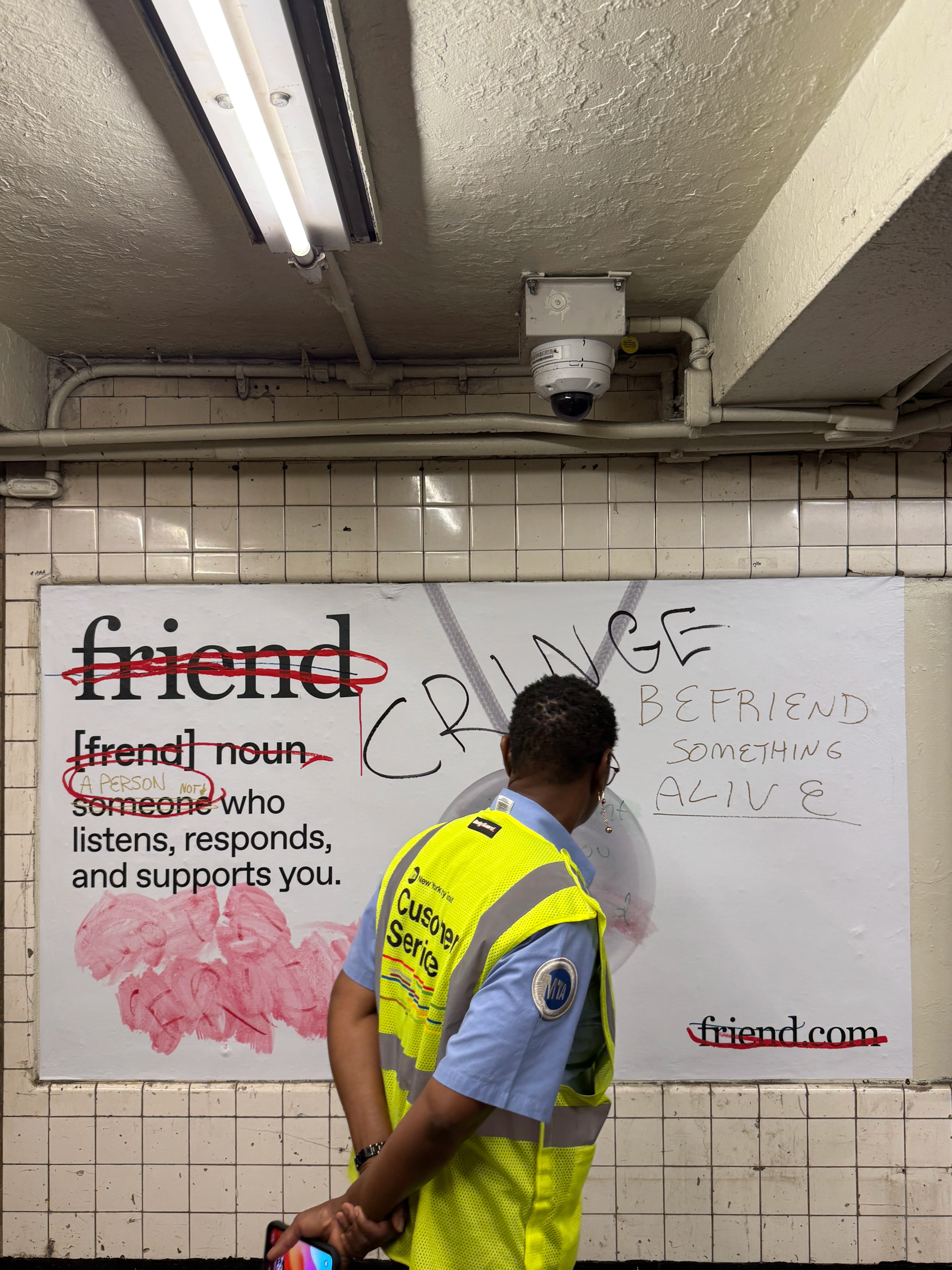 <s>friend</s>CRINGE
<s>[frend] noun</s>
A PERSON<s>someone</s>← NOT
BEFRIEND SOMETHING <u>ALIVE</u>
<s>AI wouldnt care if you lived or died</s>
<s>NOT A 'FRIEND'</s>
<s>friend.com</s>